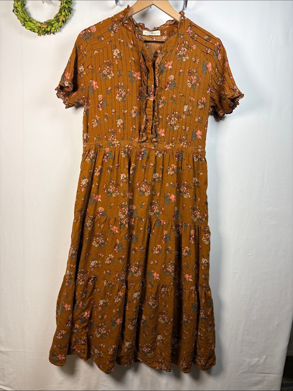 NATURAL LIFE Brown Pink Floral Ruffle Cottagcore Maxi Dress size small